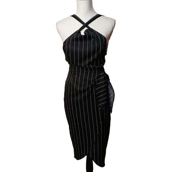 Lush Dresses & Skirts - Lush Black White Pinstripe Open Back Criss Cross Shoulder Cutout Party Dress Med
